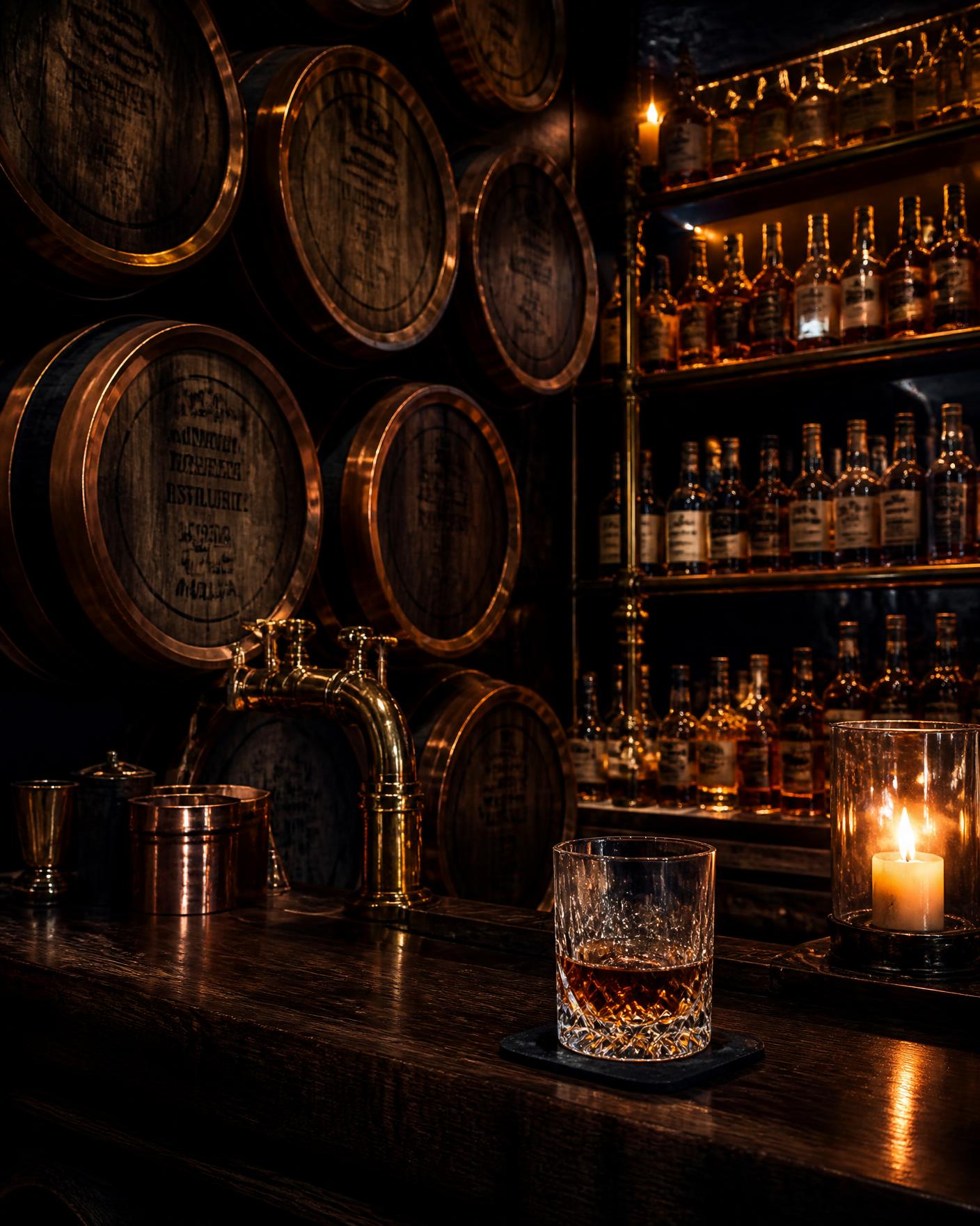 Wall of oak whisky casks with copper hoops beside a backlit bottle shelf and a glass of whisky