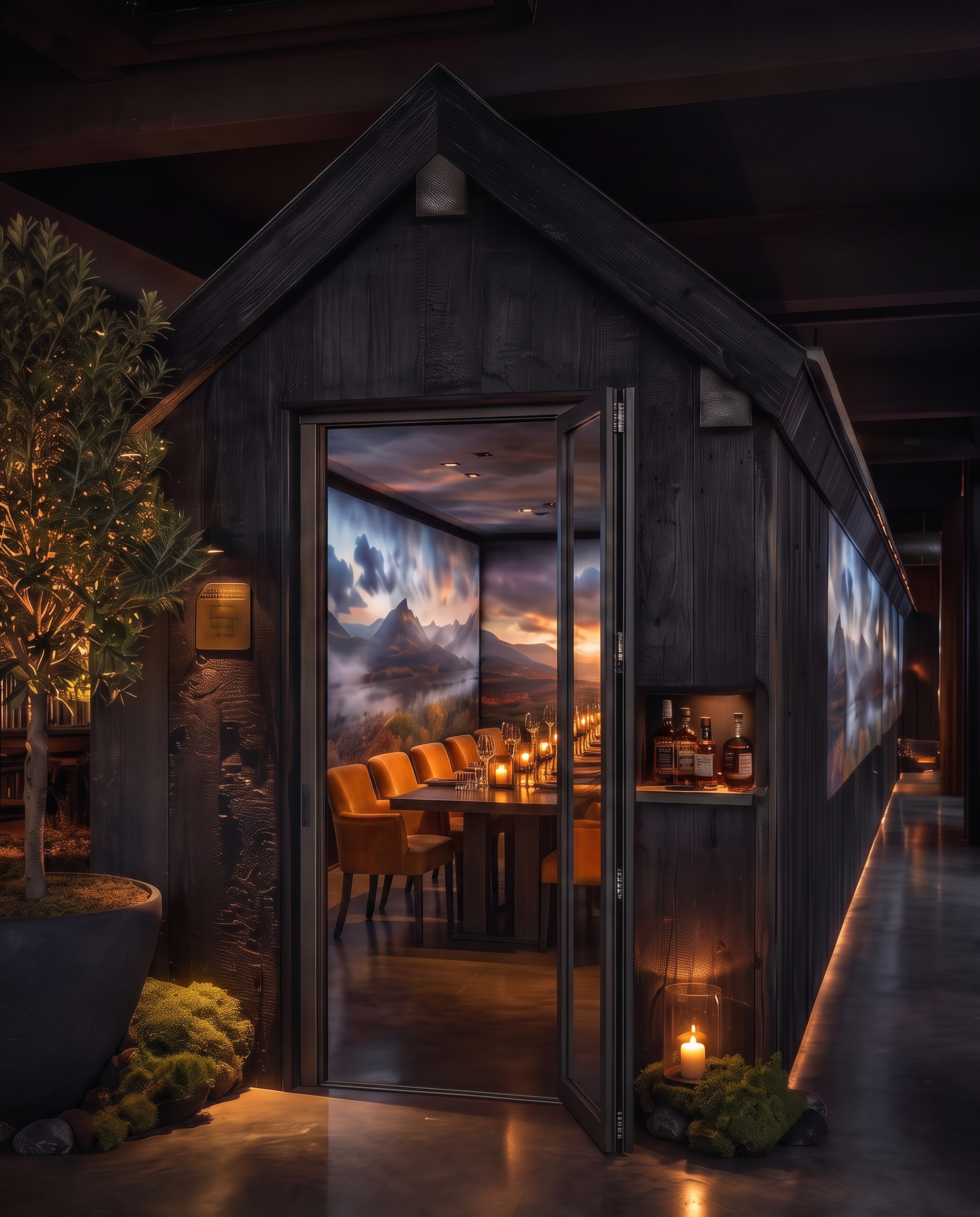 Charred timber bothy hut inside a dark restaurant, its open door revealing a long dining table, amber chairs and immersive Highland projection screens