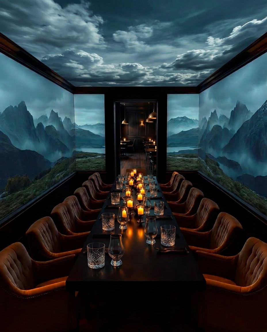 Interior of the Bothy immersive tasting room with a long dining table, amber chairs, sky ceiling projection and seamless digital walls