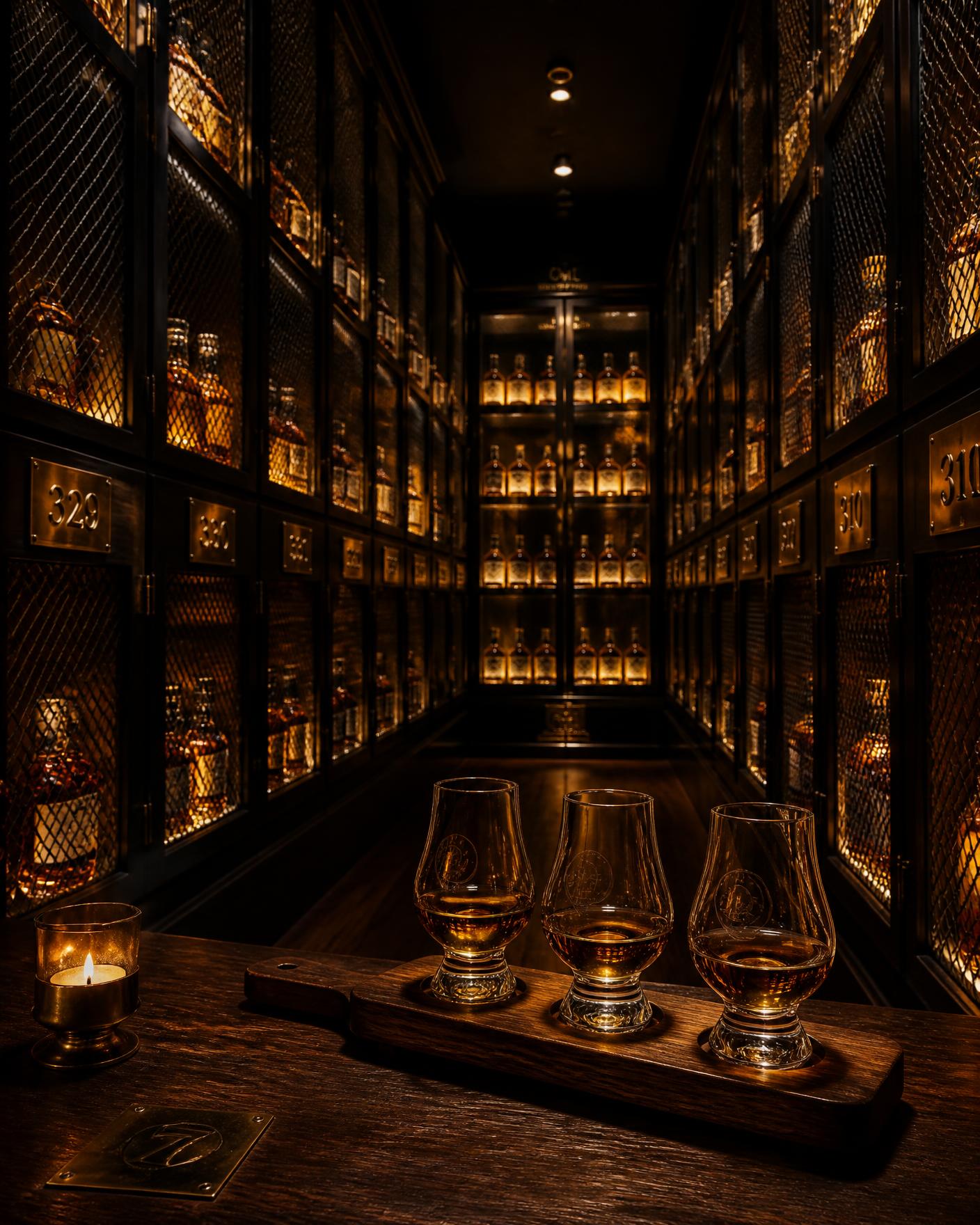 Private members whisky room with brass-numbered lockers and three tasting glasses on a wooden paddle